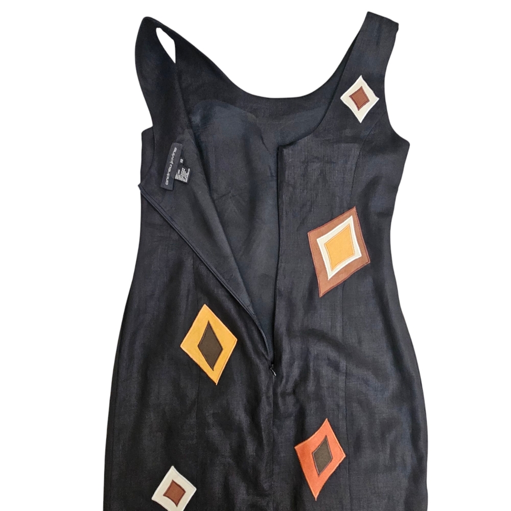 Andrea Jovine Vintage Black Linen Diamond Patch Sleeveless Sheath Dress Size 12 - Picture 4 of 10